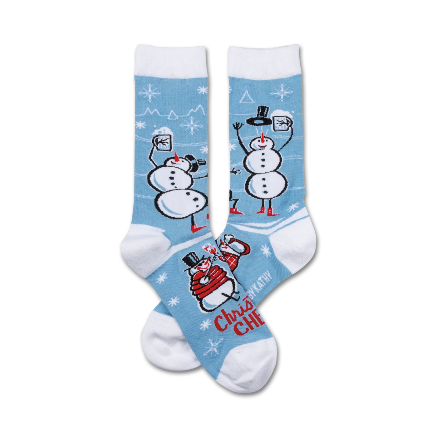 Crew socks with a light blue background featuring festive snowmen designs in white and red. The socks say 'Christmas Cheer'.
