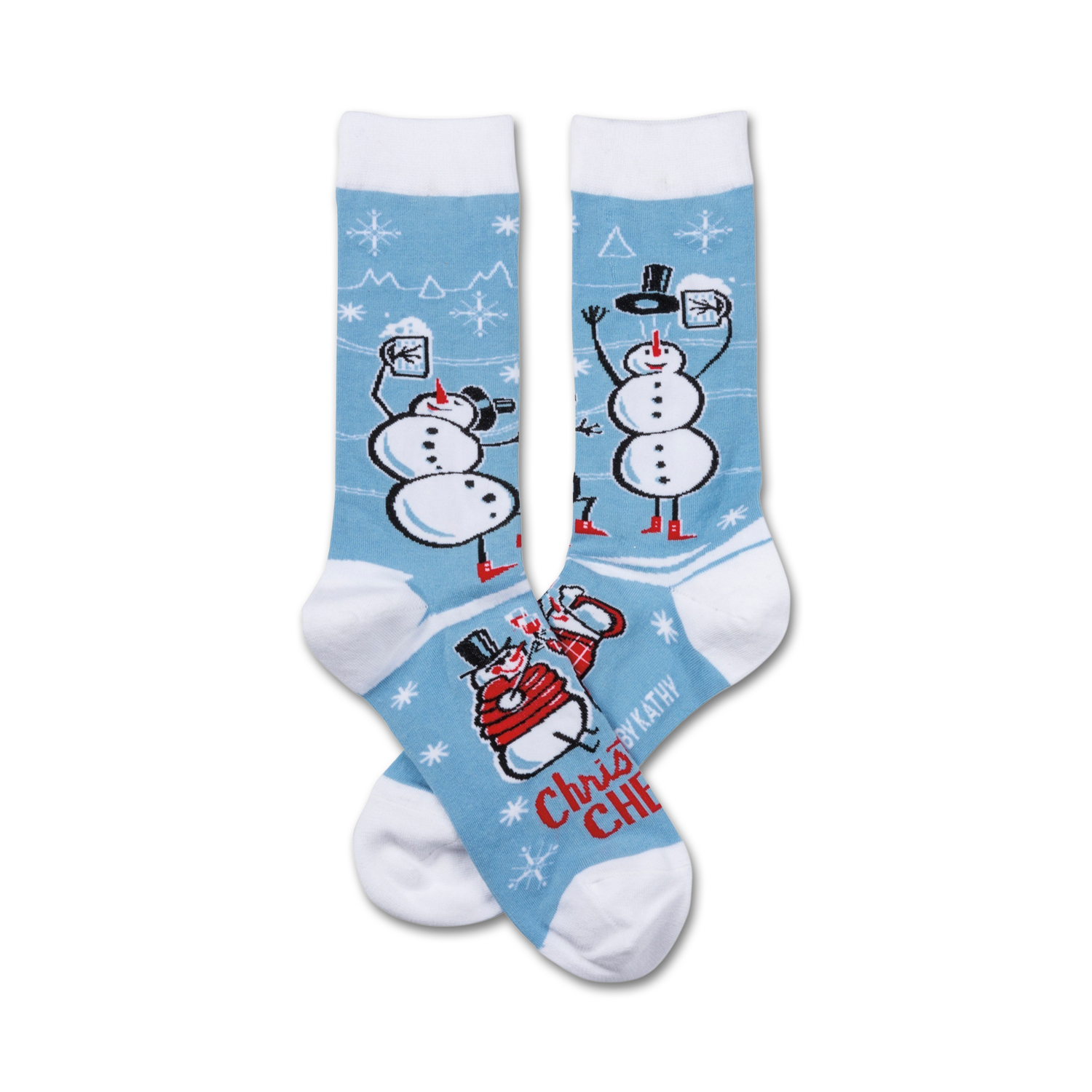 Crew socks with a light blue background featuring festive snowmen designs in white and red. The socks say 'Christmas Cheer'.
