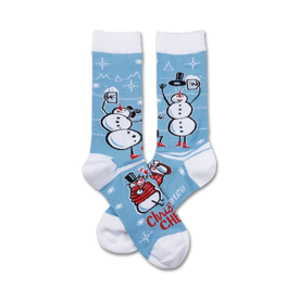 white socks with snowflakes and two cartoon snowmen holding martini glasses.  