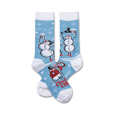 white socks with snowflakes and two cartoon snowmen holding martini glasses.  