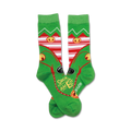 Pair of green crew socks with red and white stripes, elf-themed images, and the text 'Secretly An Elf'.