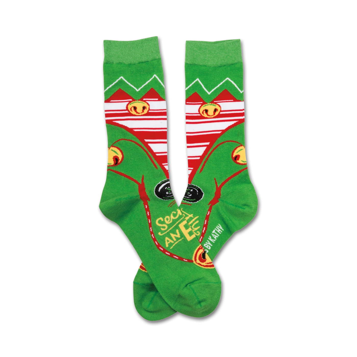 Pair of green crew socks with red and white stripes, elf-themed images, and the text 'Secretly An Elf'.