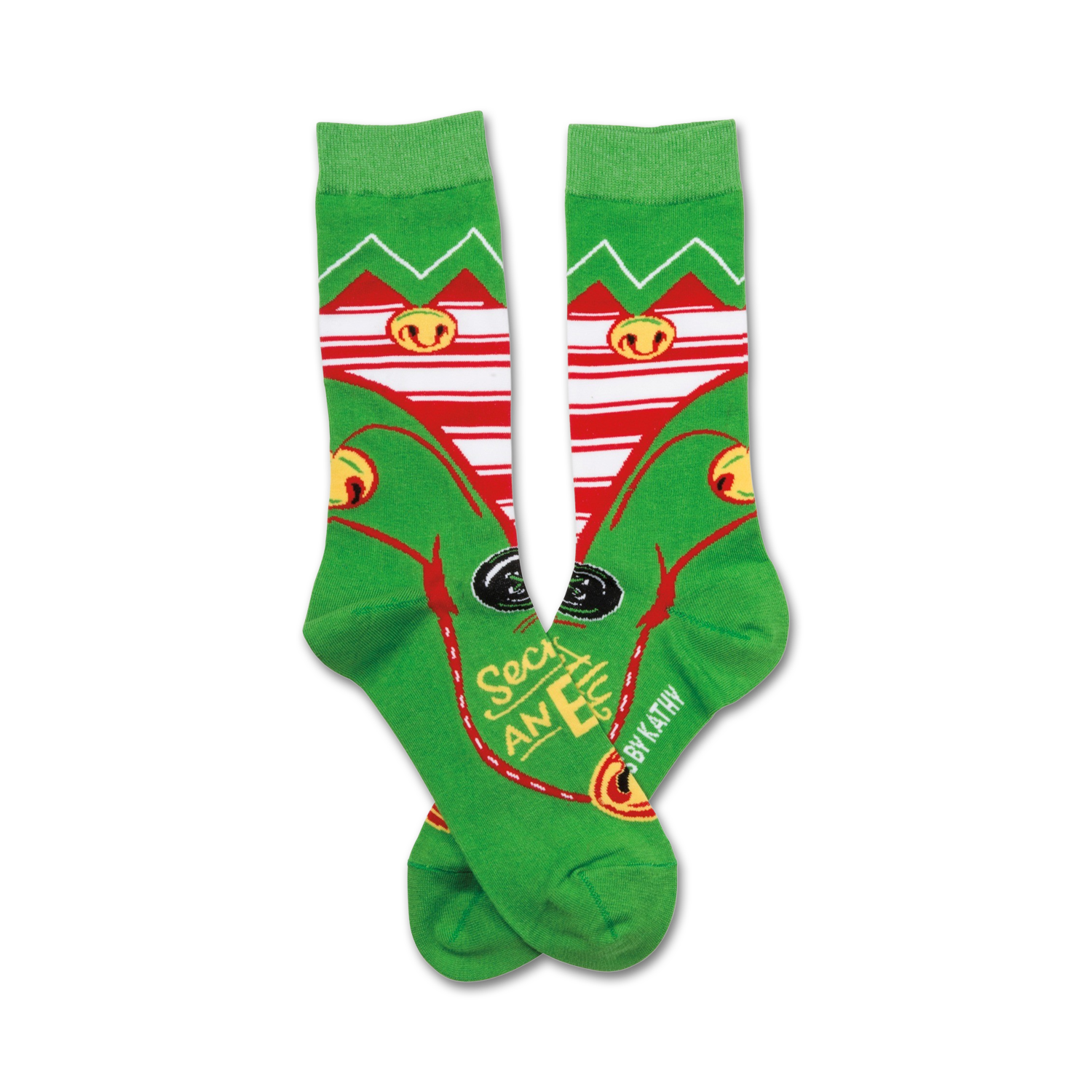 Pair of green crew socks with red and white stripes, elf-themed images, and the text 'Secretly An Elf'.