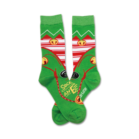 red and green elf themed women's crew socks with pointy ears and "secretly an elf" message.  