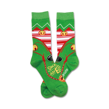 Pair of green crew socks with red and white stripes, elf-themed images, and the text 'Secretly An Elf'.