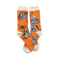 Pair of orange crew socks with a playful illustration of cats looking at fishbowls and a palm tree.  White cuffs.