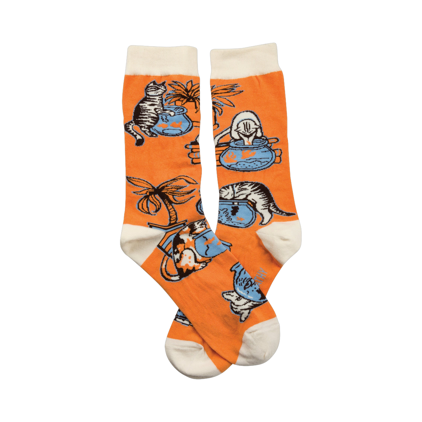 Pair of orange crew socks with a playful illustration of cats looking at fishbowls and a palm tree.  White cuffs.