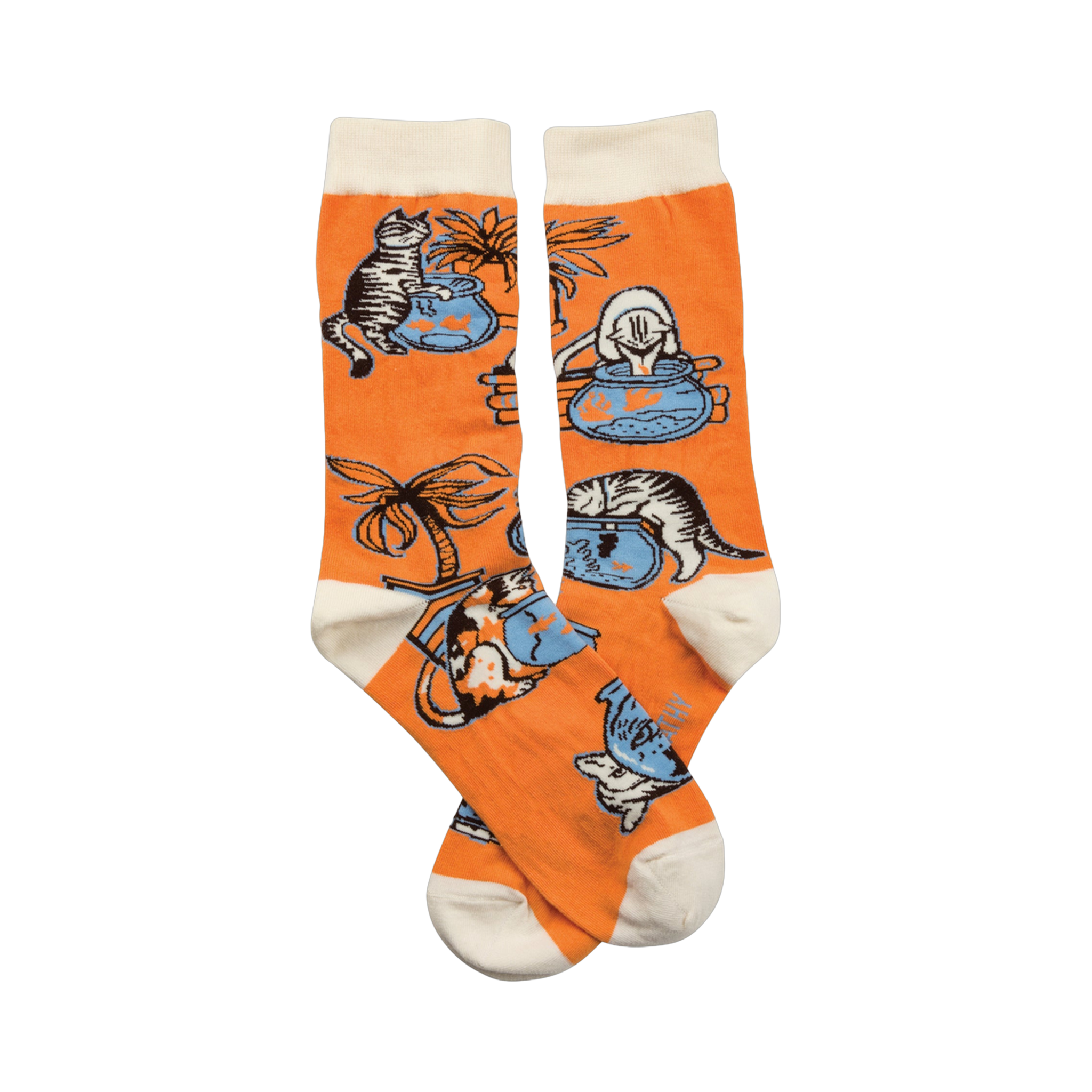 Pair of orange crew socks with a playful illustration of cats looking at fishbowls and a palm tree.  White cuffs.