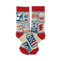 Crew socks in beige with red cuffs.  The design is a repeating pattern of illustrated beer cans with various images: a dog, a lightning bolt, baseball equipment, etc. in red, white, and blue.
