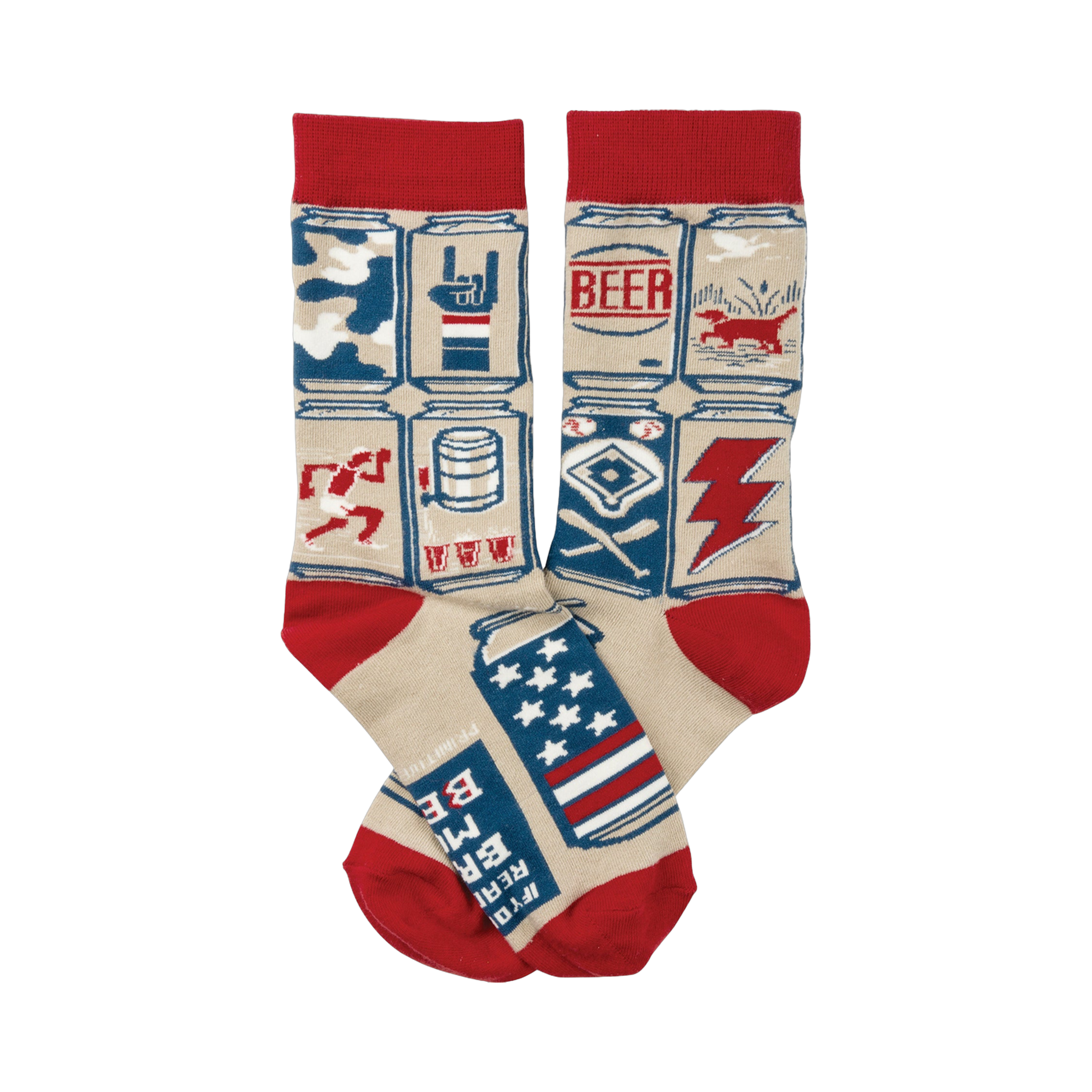 Crew socks in beige with red cuffs.  The design is a repeating pattern of illustrated beer cans with various images: a dog, a lightning bolt, baseball equipment, etc. in red, white, and blue.