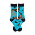 A pair of turquoise crew socks with orange monarch butterflies and the text 'Be You Tiful'.  Black cuffs and small white dots complete the design.