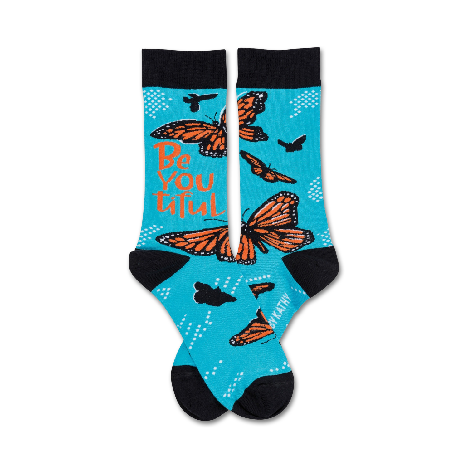 A pair of turquoise crew socks with orange monarch butterflies and the text 'Be You Tiful'.  Black cuffs and small white dots complete the design.