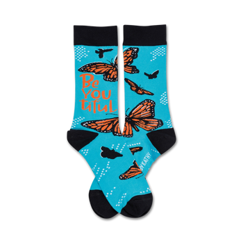 beyoutiful blue crew socks with orange, black, and white monarch butterflies. inspirational themed design for women.   