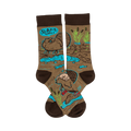 Crew socks in brown and teal.  Feature a cartoon beaver with a speech bubble that says 'Dam Girl!' and other beaver illustrations.