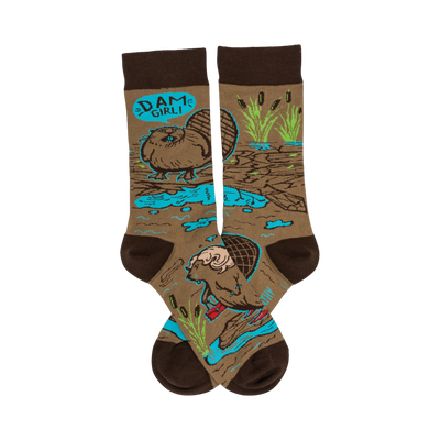 Crew socks in brown and teal.  Feature a cartoon beaver with a speech bubble that says 'Dam Girl!' and other beaver illustrations.
