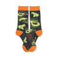 Crew socks in dark gray with orange cuffs.  The pattern shows multiple bright green avocados in various slices, along with a guacamole recipe.