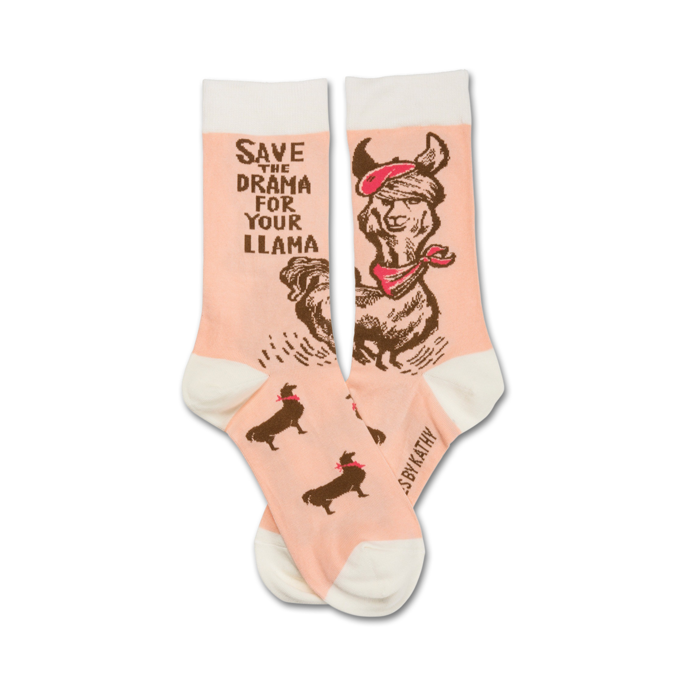 Crew socks in peach with a brown illustration of a llama wearing a beret and bandana. Text reads: 'Save the drama for your llama'.