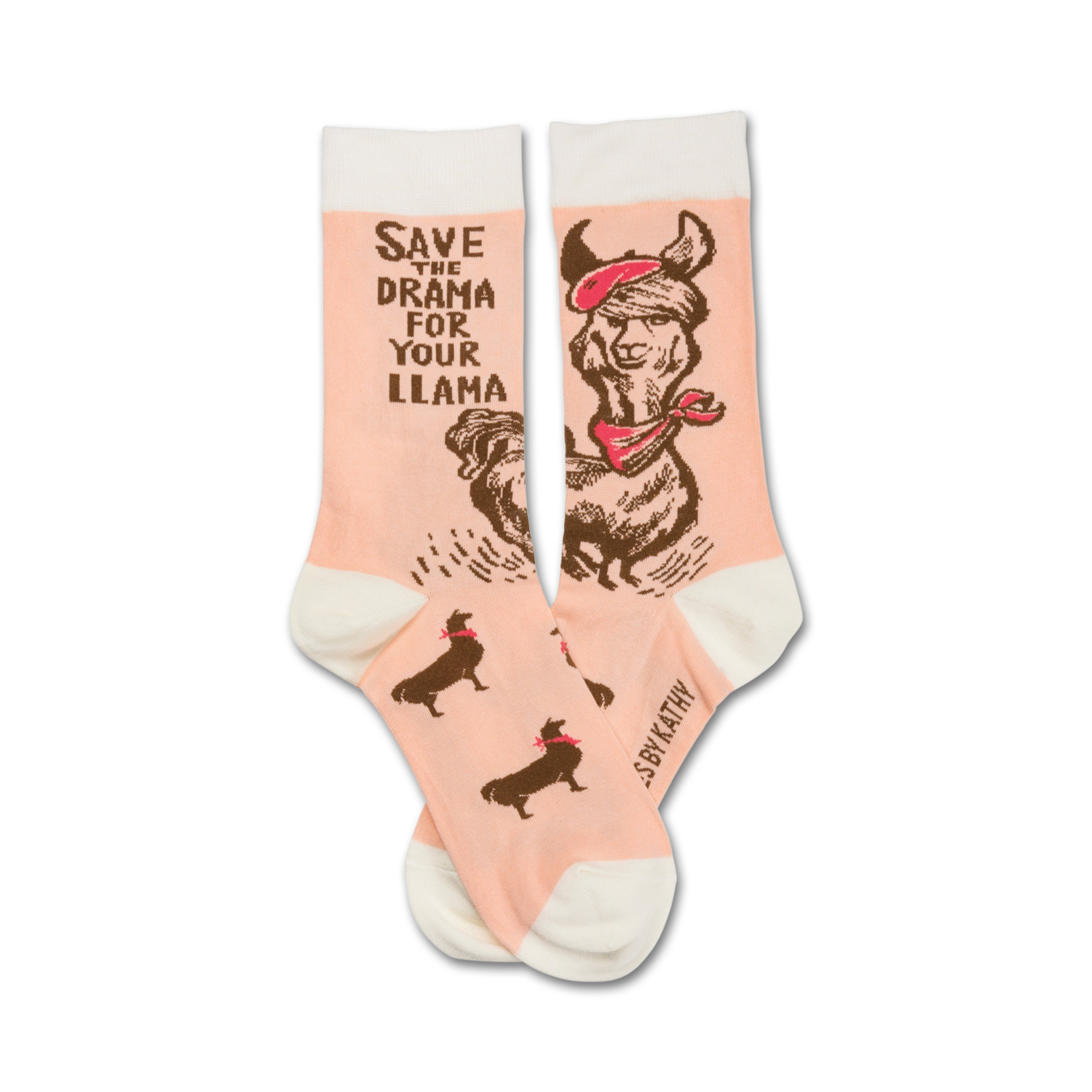 Crew socks in peach with a brown illustration of a llama wearing a beret and bandana. Text reads: 'Save the drama for your llama'.