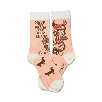 pink and white crew socks with llama wearing a red beret, 'save the drama for your llama' written on the socks, designed for women   
