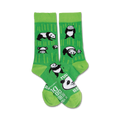 Pair of crew socks, lime green with white pandas and bamboo design. Text on sole: 'If you can read this, go ask dad'.