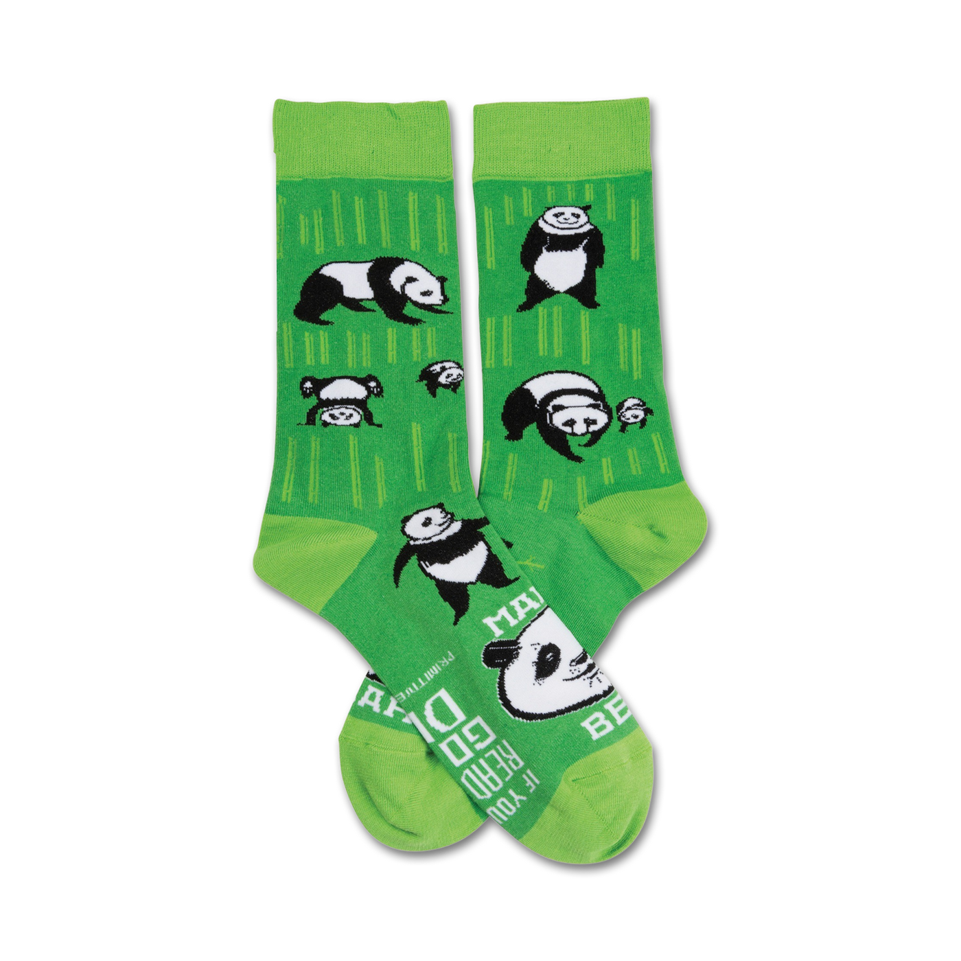 Pair of crew socks, lime green with white pandas and bamboo design. Text on sole: 'If you can read this, go ask dad'.