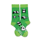Pair of crew socks, lime green with white pandas and bamboo design. Text on sole: 'If you can read this, go ask dad'.