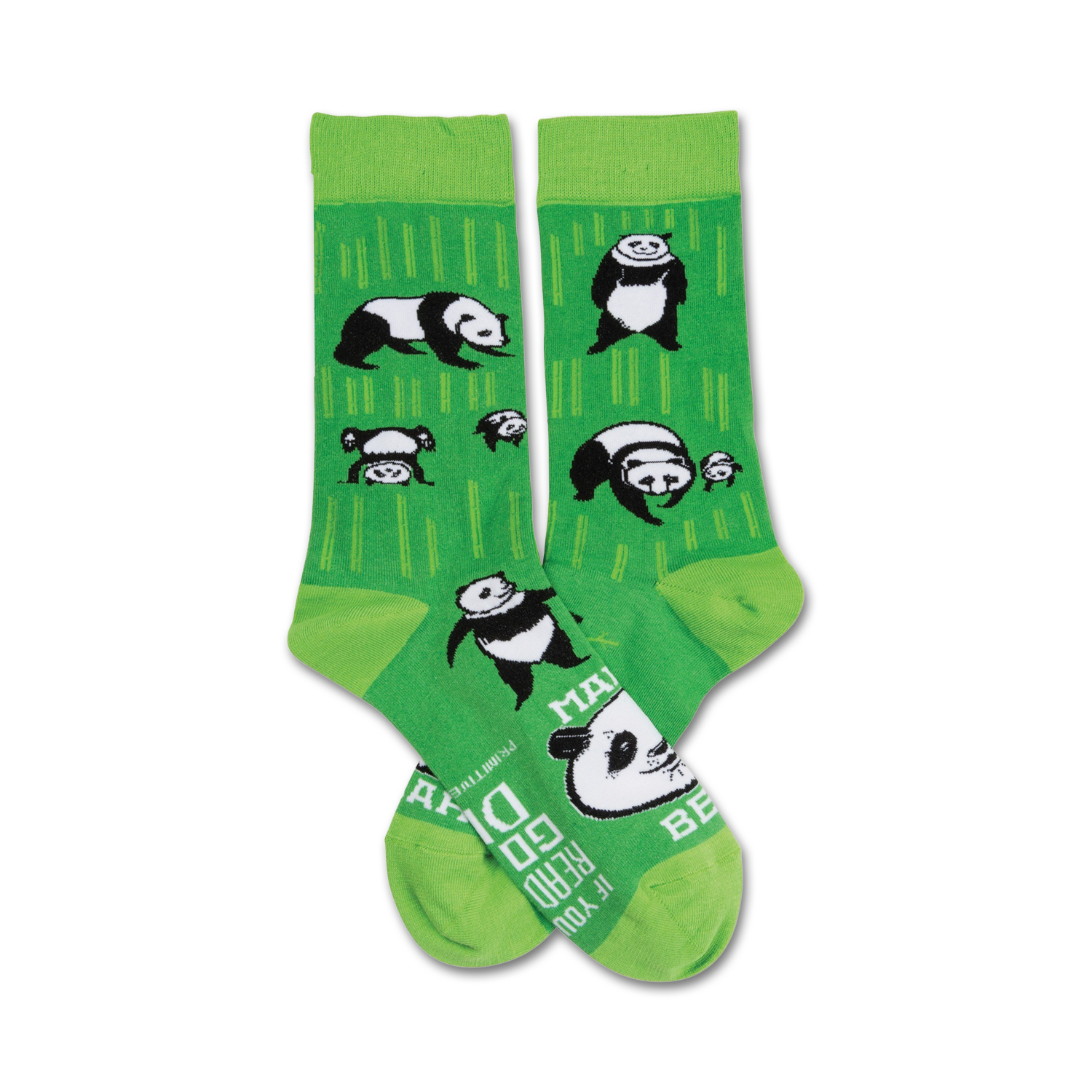 Pair of crew socks, lime green with white pandas and bamboo design. Text on sole: 'If you can read this, go ask dad'.