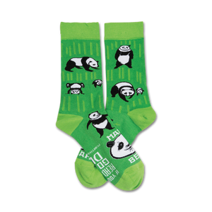 green mid-calf crew socks with black and white panda pattern. 