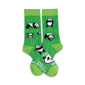 green mid-calf crew socks with black and white panda pattern. "mama bear... if you're reading this go ask dad" written on top of foot.   