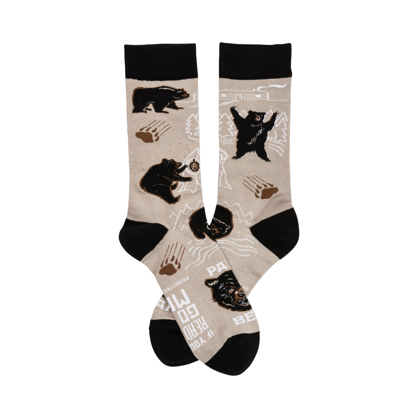 A pair of beige crew socks with a playful design featuring black bears, paw prints, and mountain outlines. The cuffs are black.