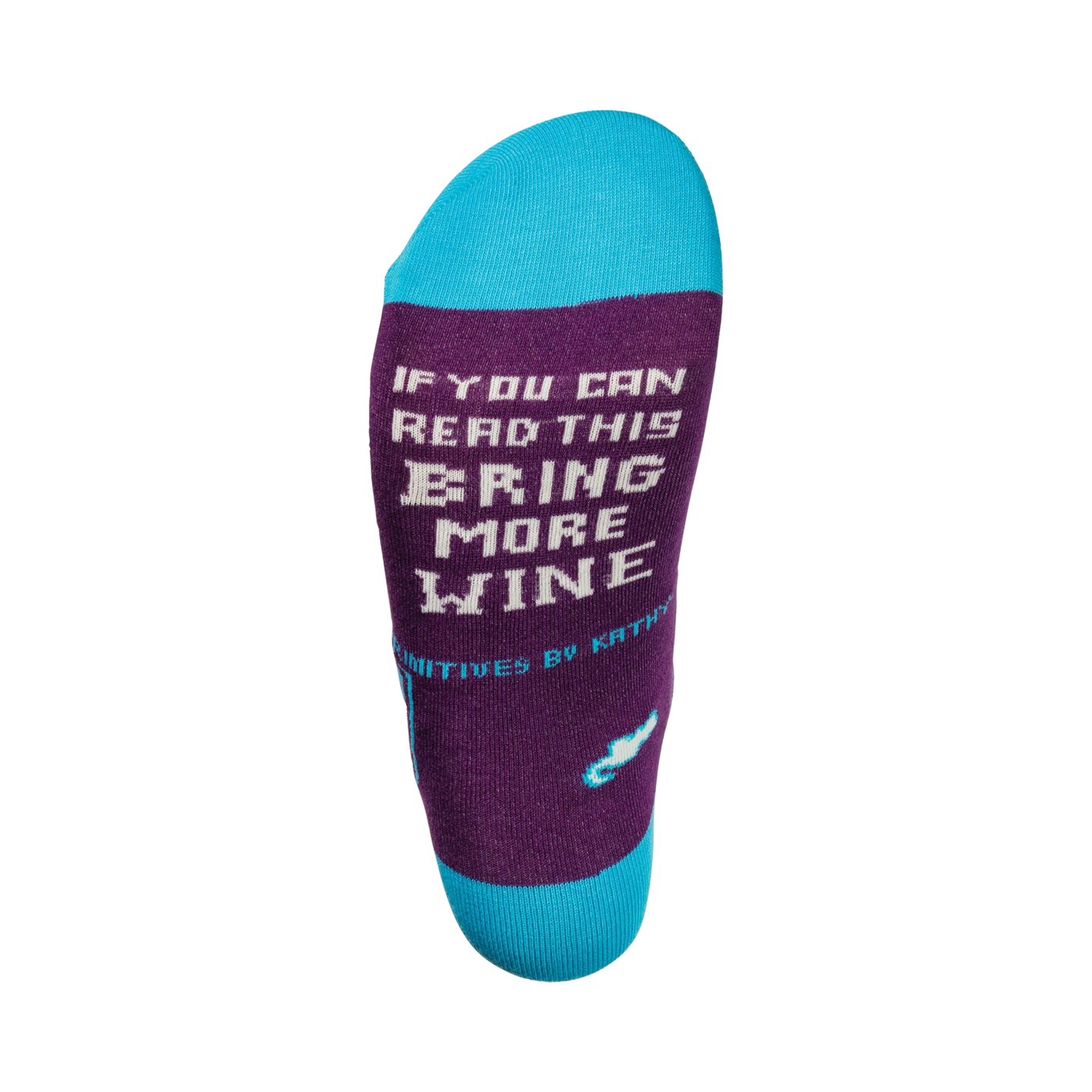 Close-up of the sock's heel, showing the text 'If you can read this, bring more wine' in a pixel font.