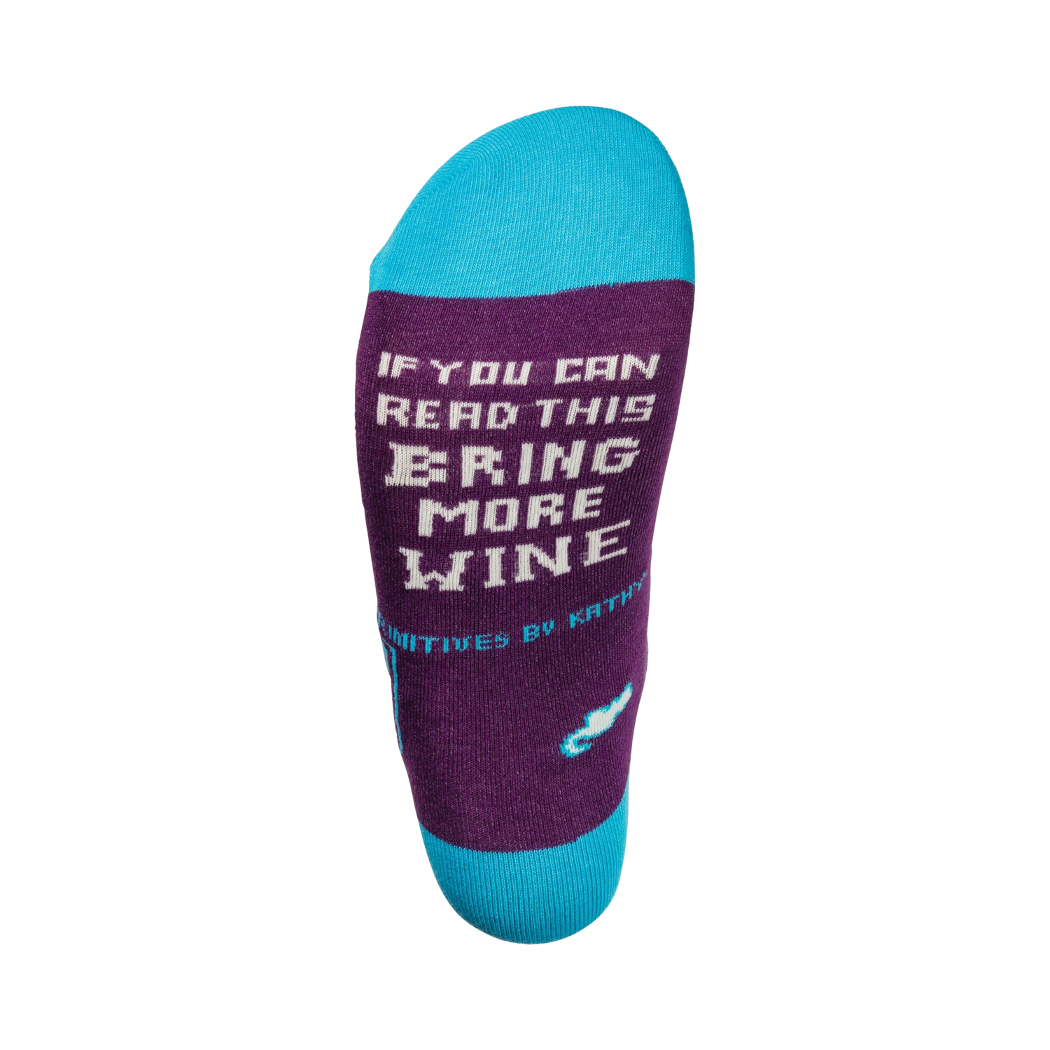 Close-up of the sock's heel, showing the text 'If you can read this, bring more wine' in a pixel font.