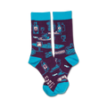 Crew socks in teal and purple featuring a fun design of wine bottles, glasses, cheese, and grapes.