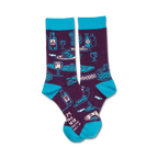 Crew socks in teal and purple featuring a fun design of wine bottles, glasses, cheese, and grapes.