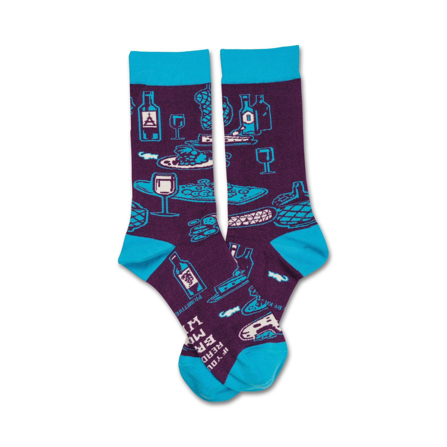Crew socks in teal and purple featuring a fun design of wine bottles, glasses, cheese, and grapes.