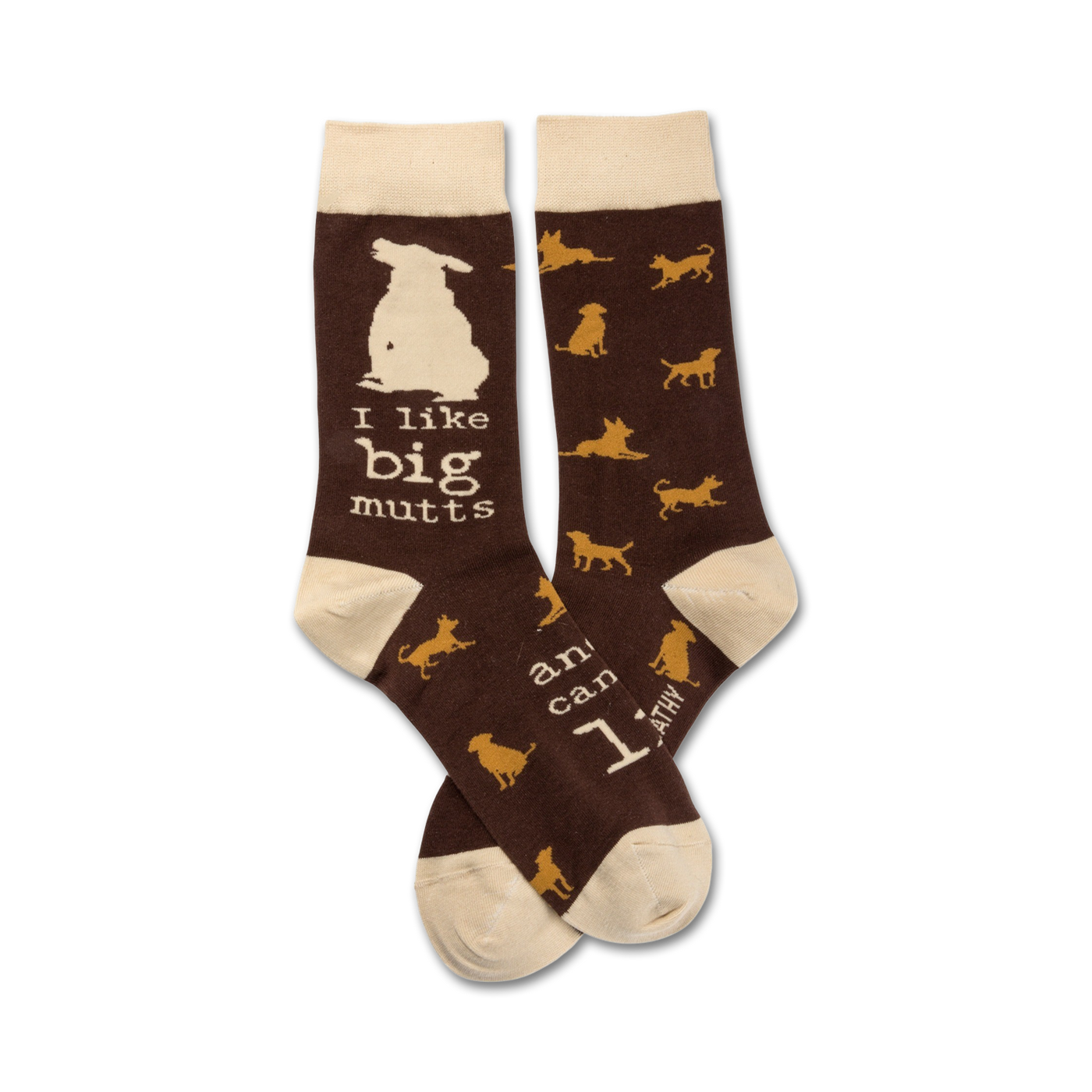 Brown crew socks with a cream cuff.  The socks feature a repeating pattern of mustard-yellow dogs and the text, 'I like big mutts and I cannot lie'.