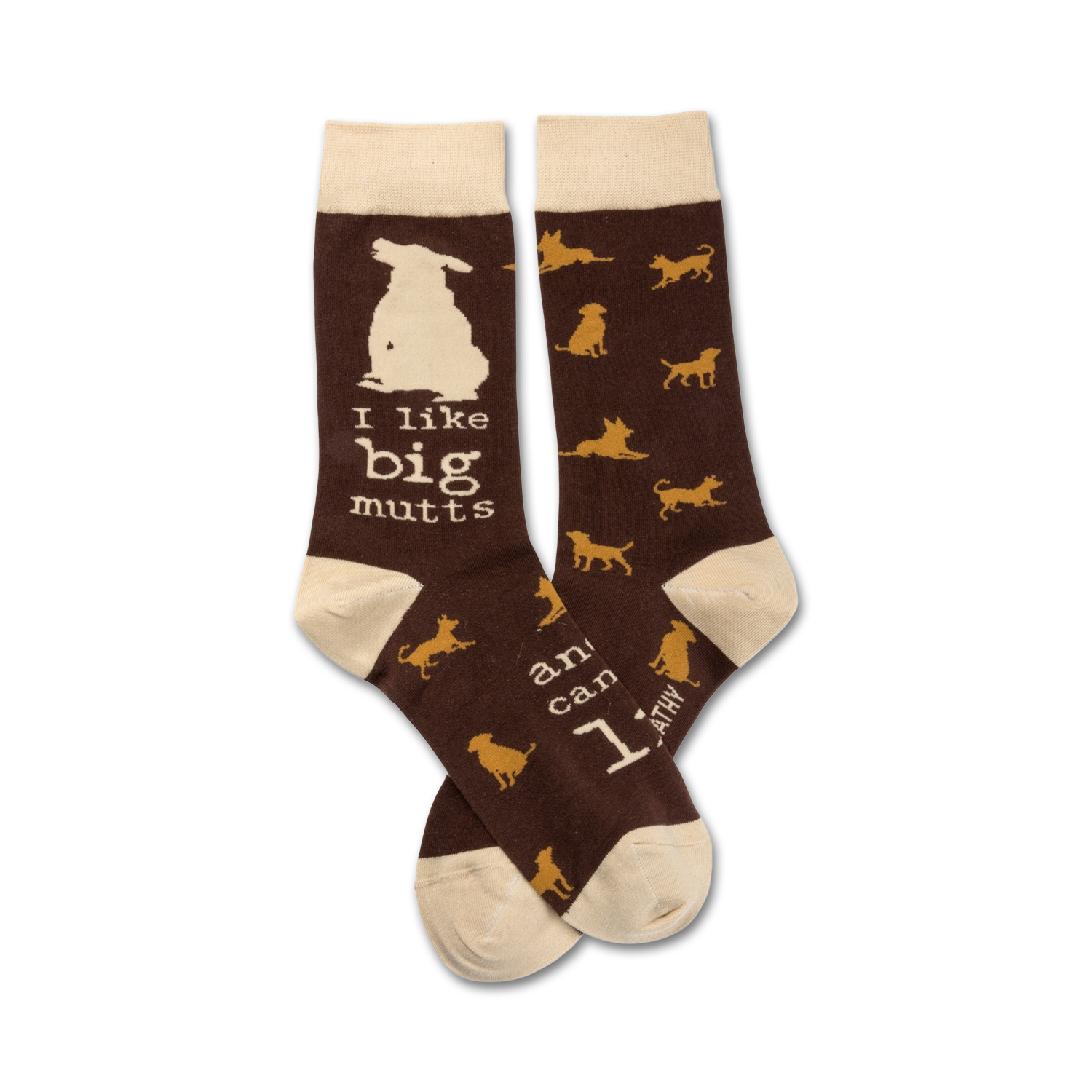 Brown crew socks with a cream cuff.  The socks feature a repeating pattern of mustard-yellow dogs and the text, 'I like big mutts and I cannot lie'.