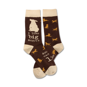  novelty brown and beige dog print socks "i like big mutts and i cannot lie" funny mens and womens accessory for dog lovers  