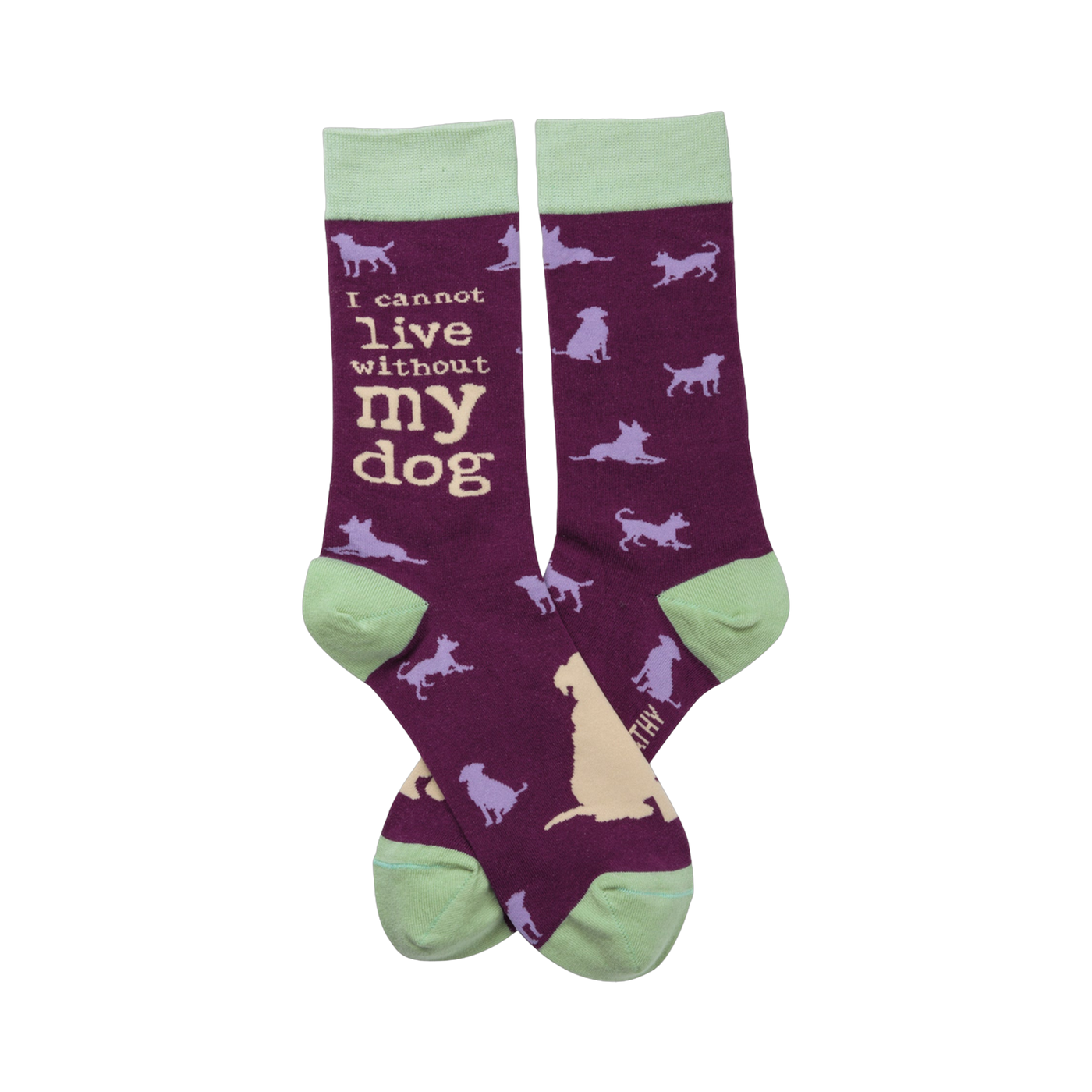 Pair of purple crew socks with light green cuffs.  Features a repeating pattern of pale yellow and lilac dog silhouettes and text: 'I cannot live without my dog'.