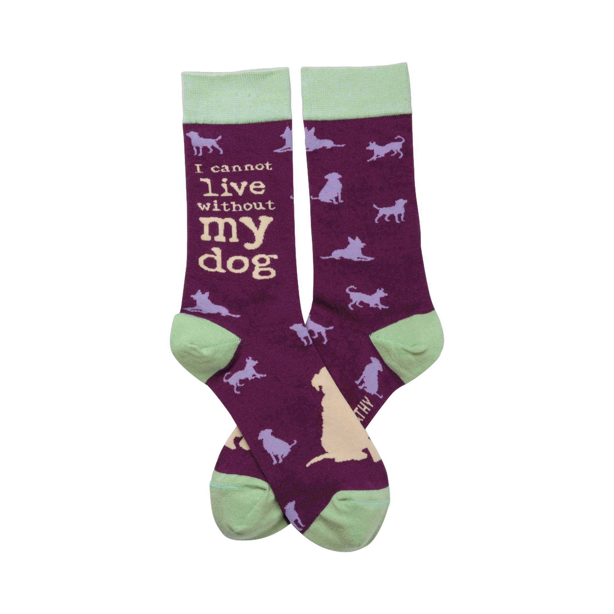 Pair of purple crew socks with light green cuffs.  Features a repeating pattern of pale yellow and lilac dog silhouettes and text: 'I cannot live without my dog'.