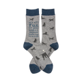 Crew socks in grey with a navy blue cuff.  The socks feature a repeating pattern of dark grey dog silhouettes and the text 'It's all fun and games until someone ends up in a cone'.