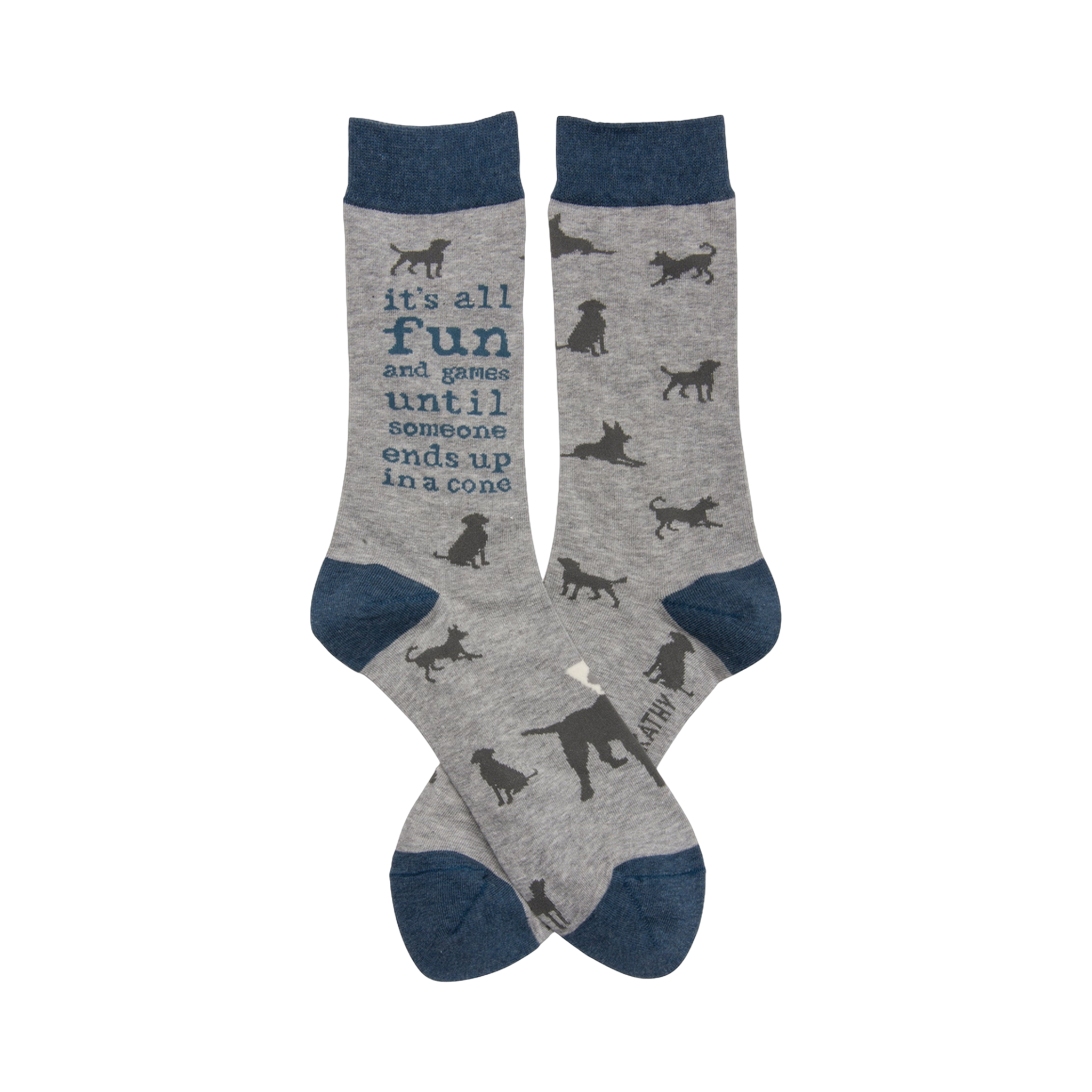 Crew socks in grey with a navy blue cuff.  The socks feature a repeating pattern of dark grey dog silhouettes and the text 'It's all fun and games until someone ends up in a cone'.