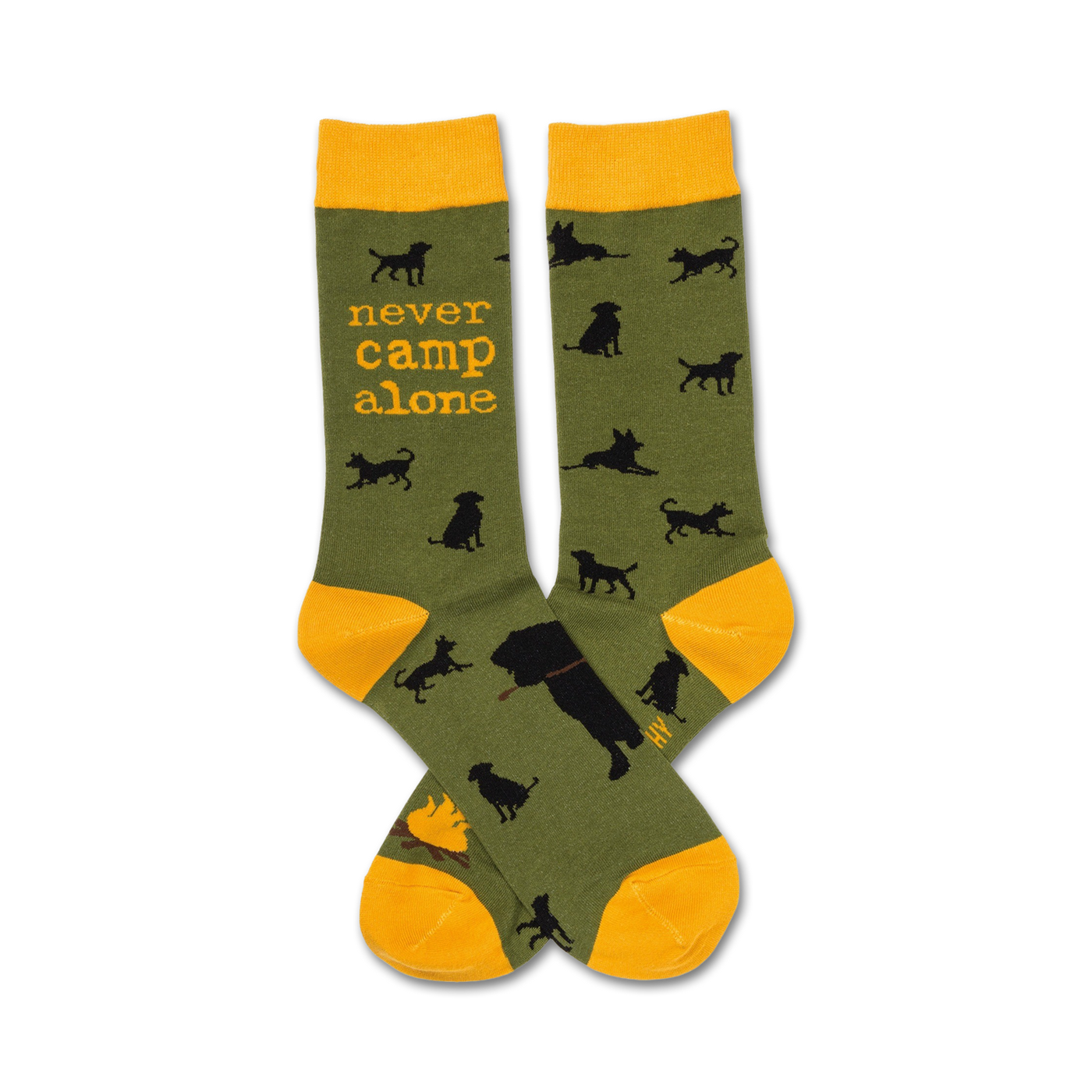 Pair of olive green crew socks with black dog silhouettes and 'Never Camp Alone' text in orange. Yellow cuffs.