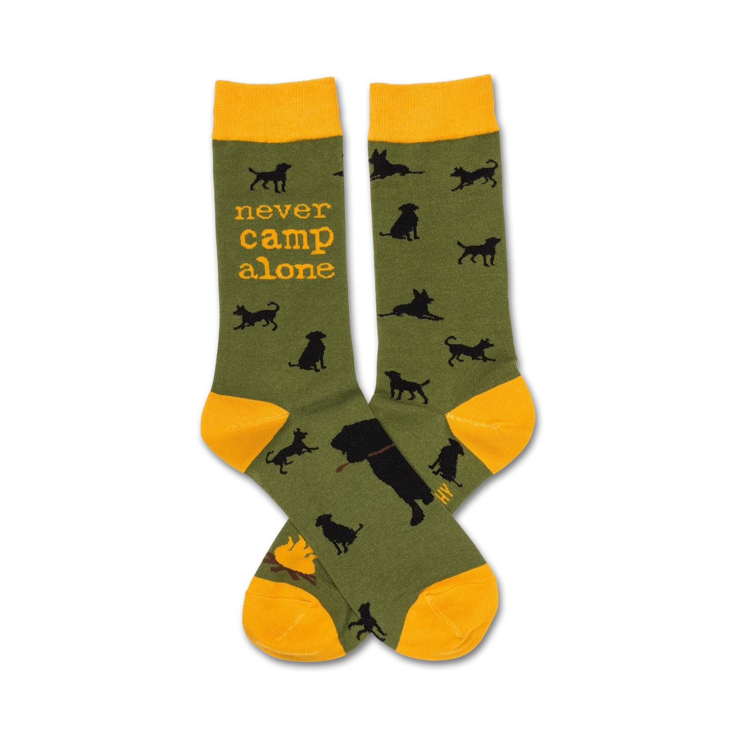Pair of olive green crew socks with black dog silhouettes and 'Never Camp Alone' text in orange. Yellow cuffs.