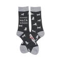 Crew socks, dark gray with light gray cuffs.  Feature white dog silhouettes and the text 'Never Walk Alone'.