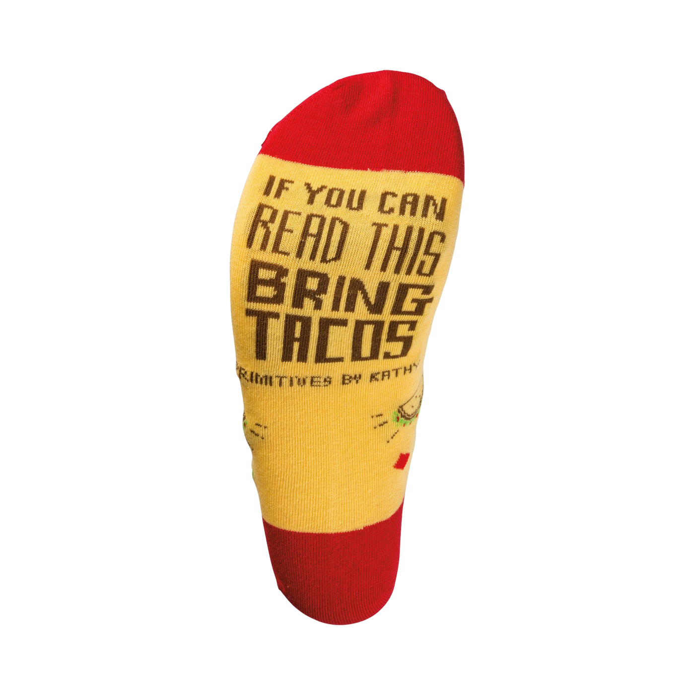 Close-up of the sock's heel, showing the text 'If you can read this, bring tacos'.