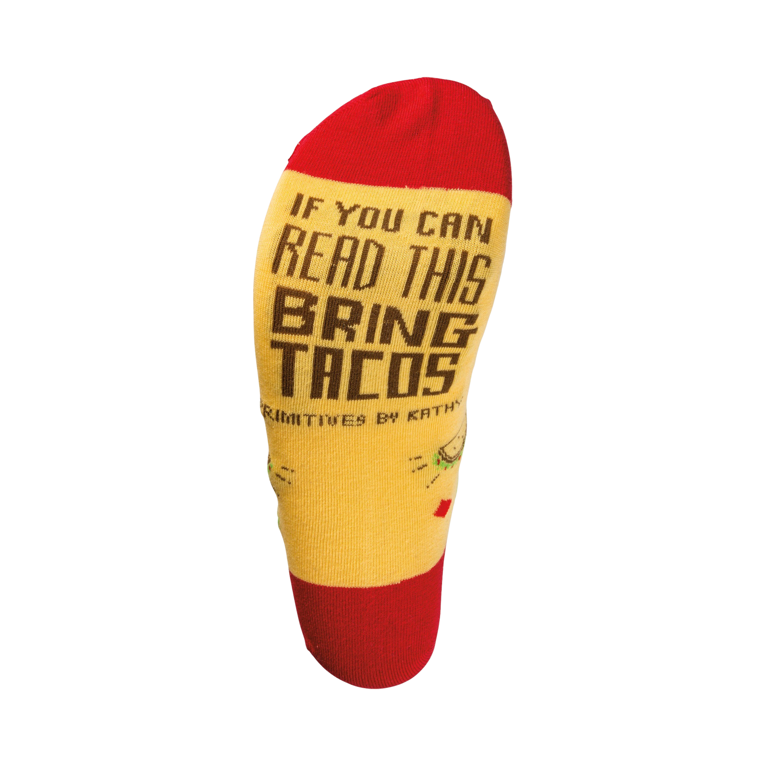 Close-up of the sock's heel, showing the text 'If you can read this, bring tacos'.