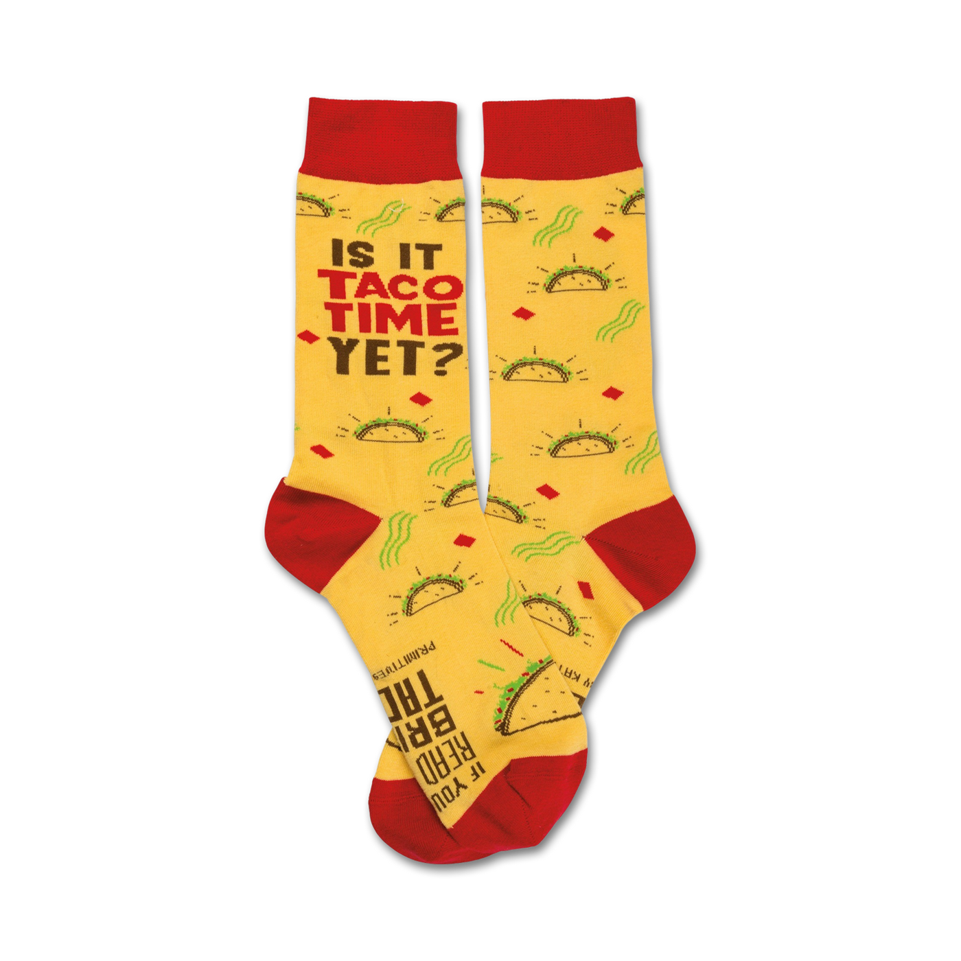 Pair of crew socks, yellow with red cuffs, featuring tacos and the text 'Is it taco time yet?'