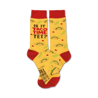 Pair of crew socks, yellow with red cuffs, featuring tacos and the text 'Is it taco time yet?'
