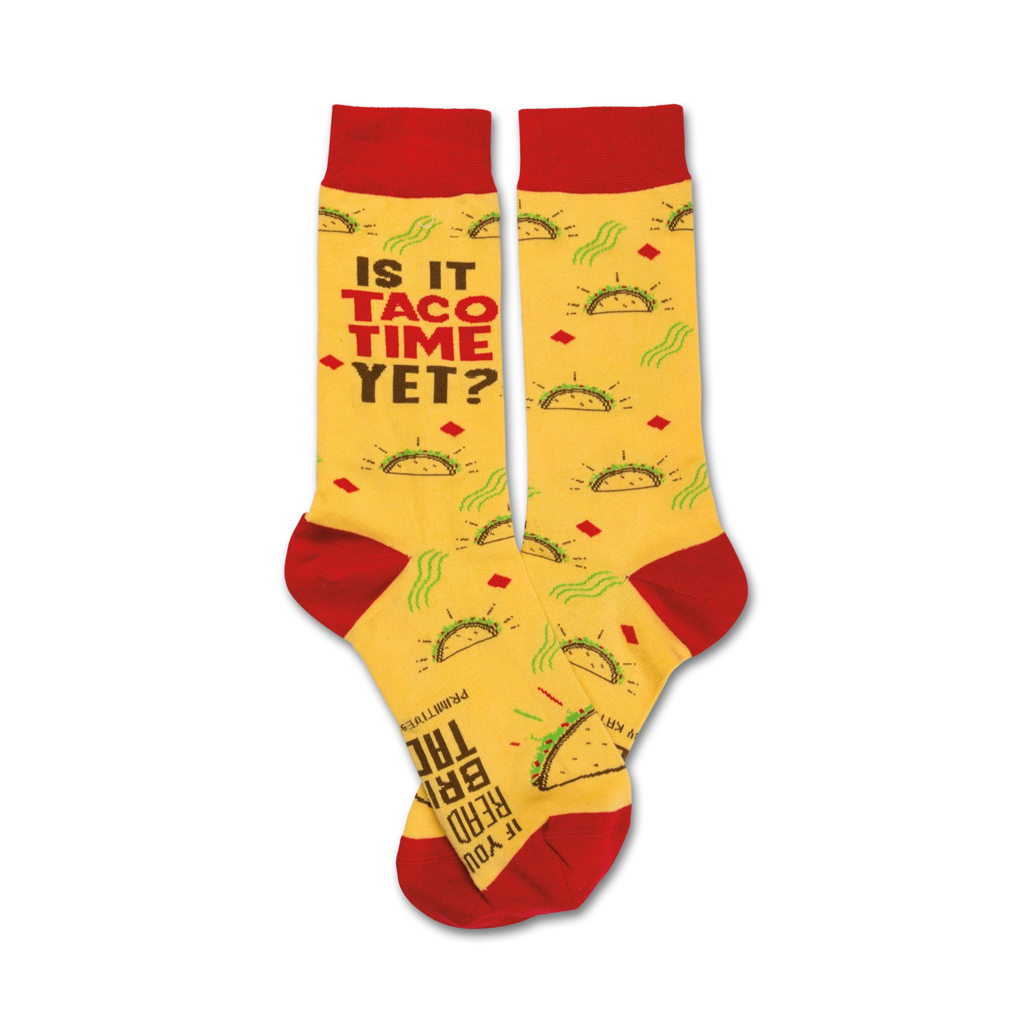 Pair of crew socks, yellow with red cuffs, featuring tacos and the text 'Is it taco time yet?'